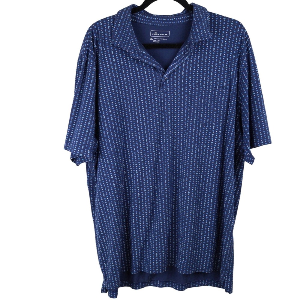 Peter Millar Polo Shirt Mens XL Blue Seashell Print Short Sleeve Cotton Golf